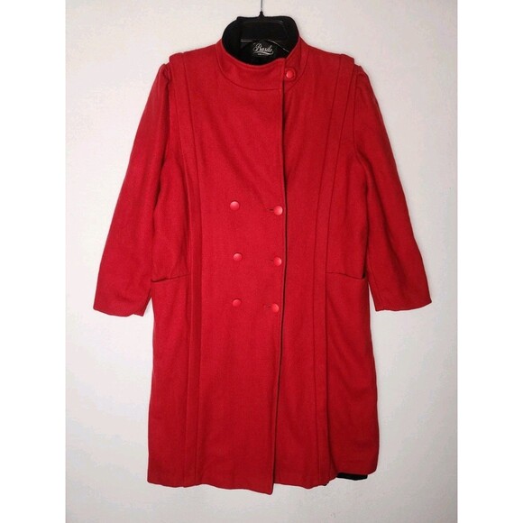 Vintage Basile Red Wool Coat Black Accents Long Womens Large - Picture 5 of 12